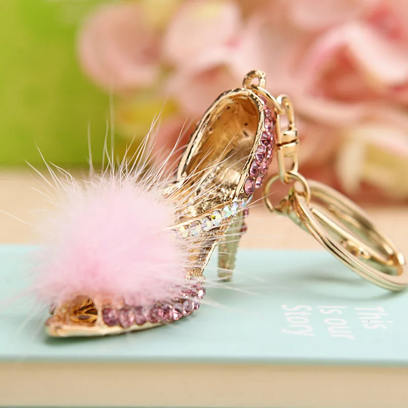 Fashion KeyChains Crystal Rhinestone Hairball Decoration Shoes Key Chains Rings Holder Purse Bag Buckle Pendant