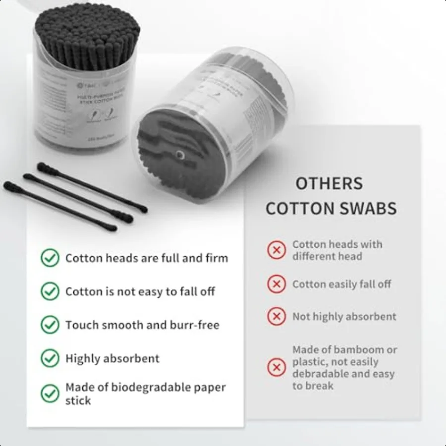 160 Batang Kapas Hitam Ujung Ganda Bentuk Spiral untuk Membersihkan Telinga, Bebas Serat, Tongkat Kertas Biodegradable, Multiguna untuk Riasan