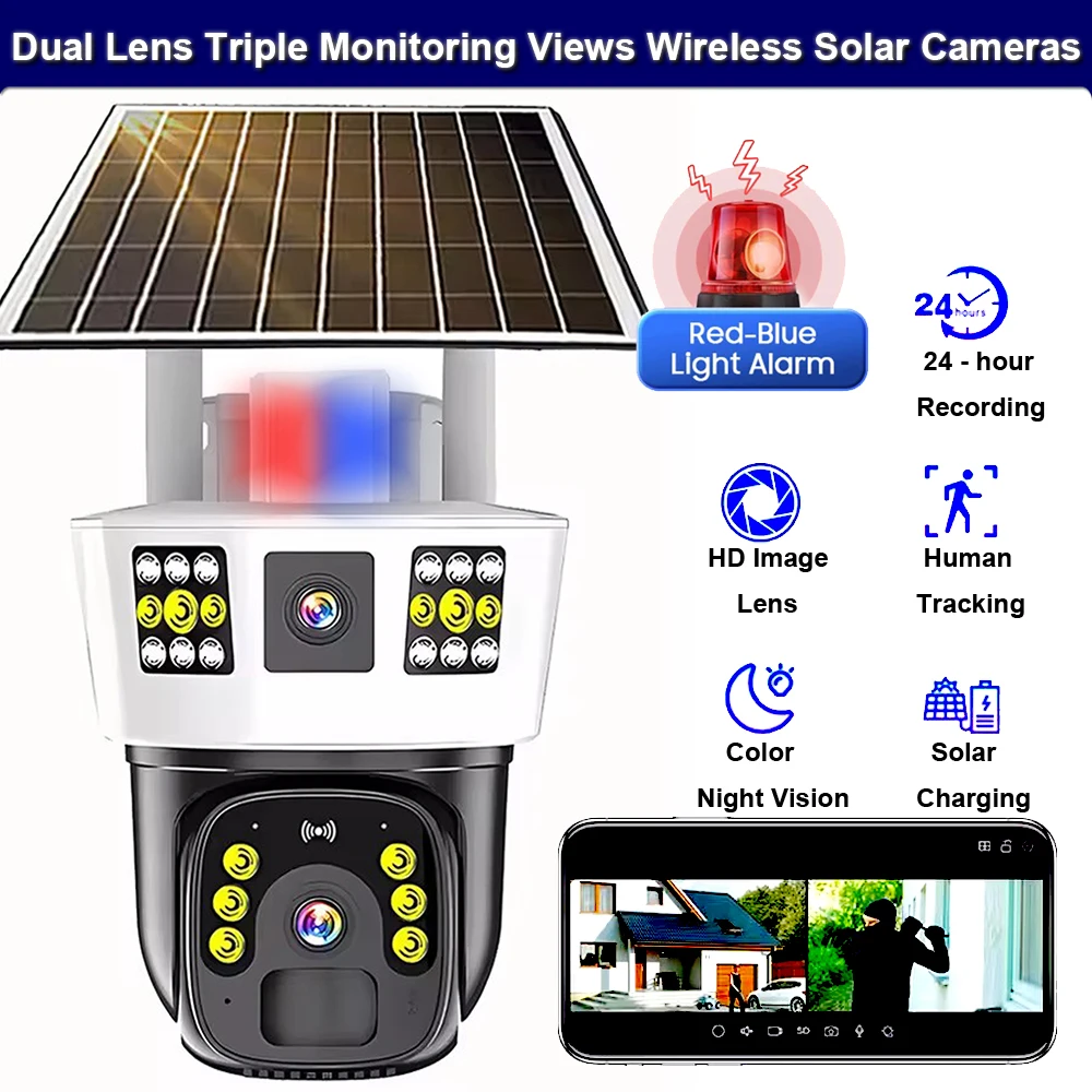 Dual Lens 4G WiFi Wireless Solar Camera Outdoor Security Protection CCTV Cameras Human Detection Alert Push Video Surveillance