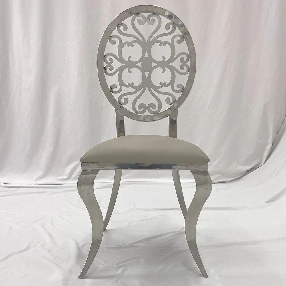 50pcs Customized stainless steel dining chair frame pu cushion flower back pumpkin feet wedding hotel