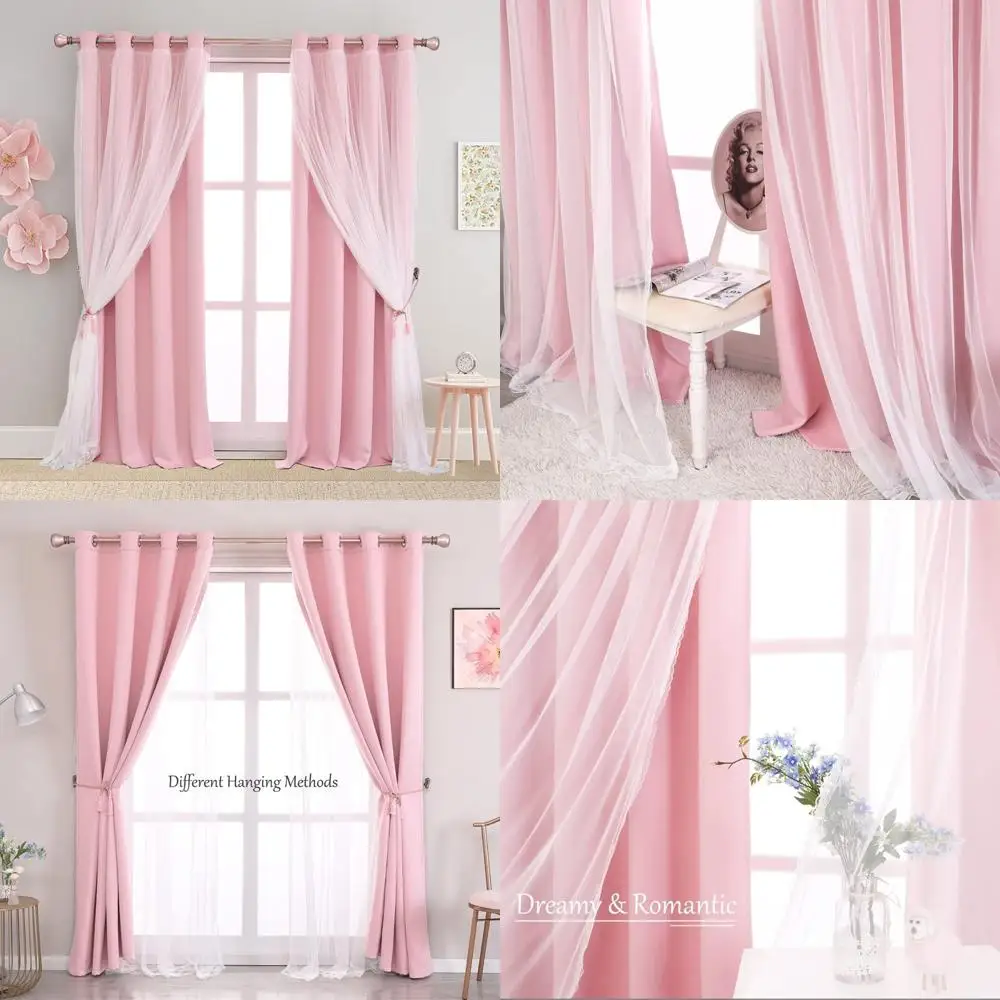 

Pink Double Layer Blackout Curtains - Elegant Princess Style Panels for Bedrooms, Living Rooms, and Nurseries with Lace Edges