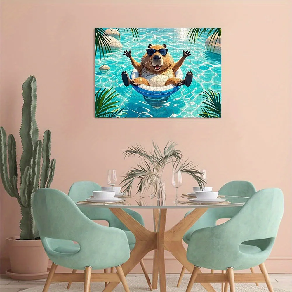 1pc Colorful 500/1000pcs Wooden Puzzle - Charming Capybara in Fashion Glasses Swimming in Pool, High-Quality Recycled Wood, Id
