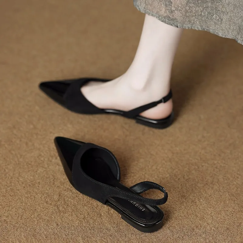 Elegant French Fairy Style Chunky Heel Sandals Women's Summer New Fashion Low Heels Pointed Toe Single Shoes Plus Size 42