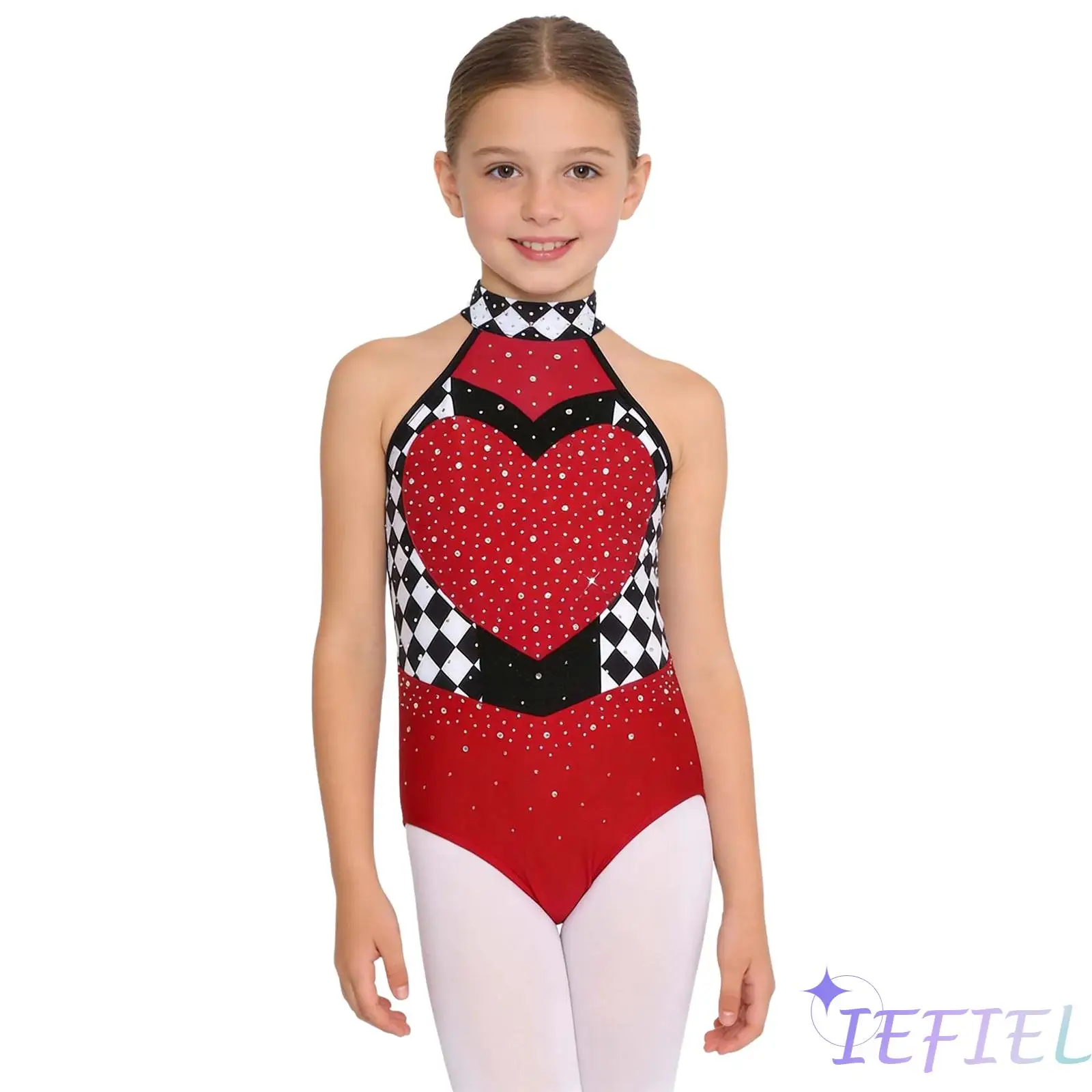 

Kids Girls Lyrical Gymnastics Jumpsuit Heart Queen Dress Up Bodysuit Shiny Rhinestones Ballet Dance Leotard Ballerina Costume