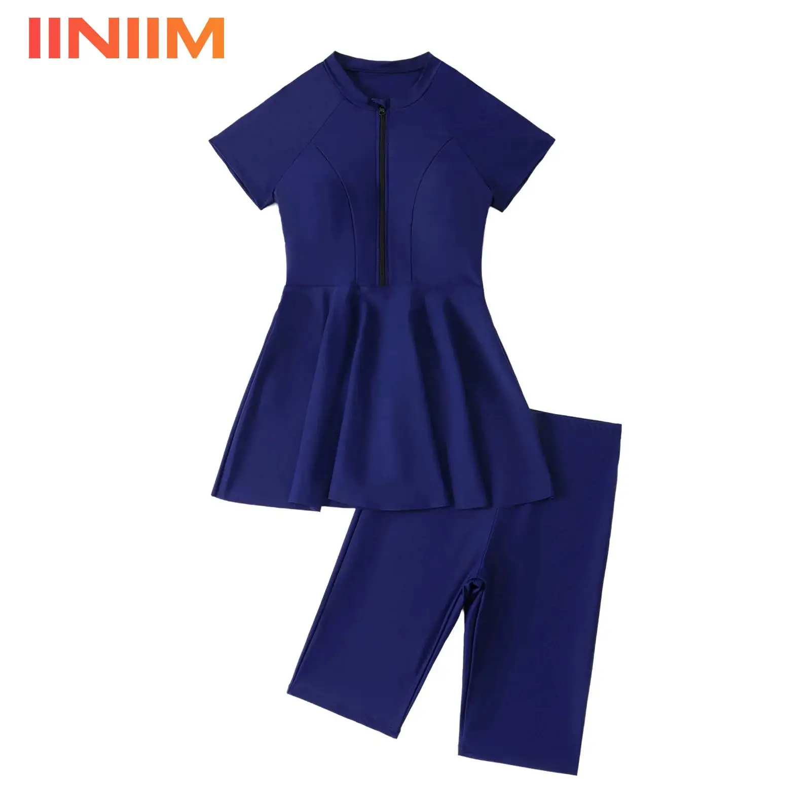 Womens Rash Guard Swimwear Two Pieces Swimsuit Short Sleeve Half Zipper Wireless Padded Ruffle Top with Shorts Swimming Costumes