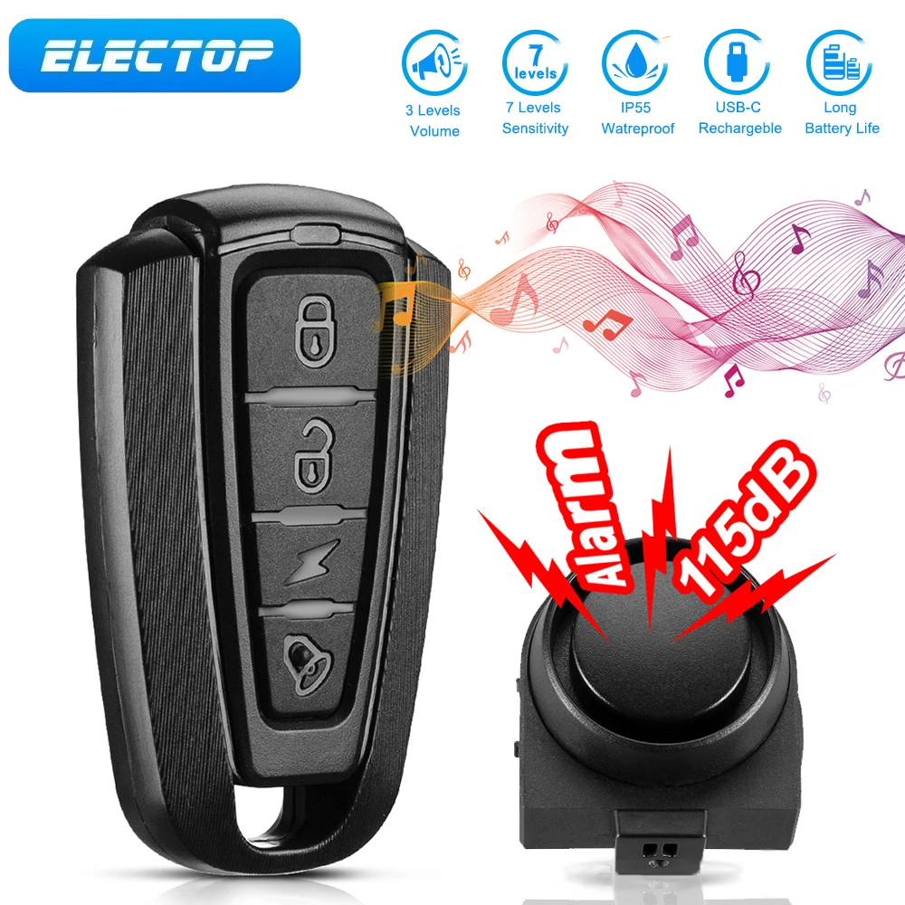 ELECTOP Wireless Bicycle Vibration Alarm IP55 Waterproof Motorcycle Alarm USB Charging Remote Control Anti-theft Alarms System