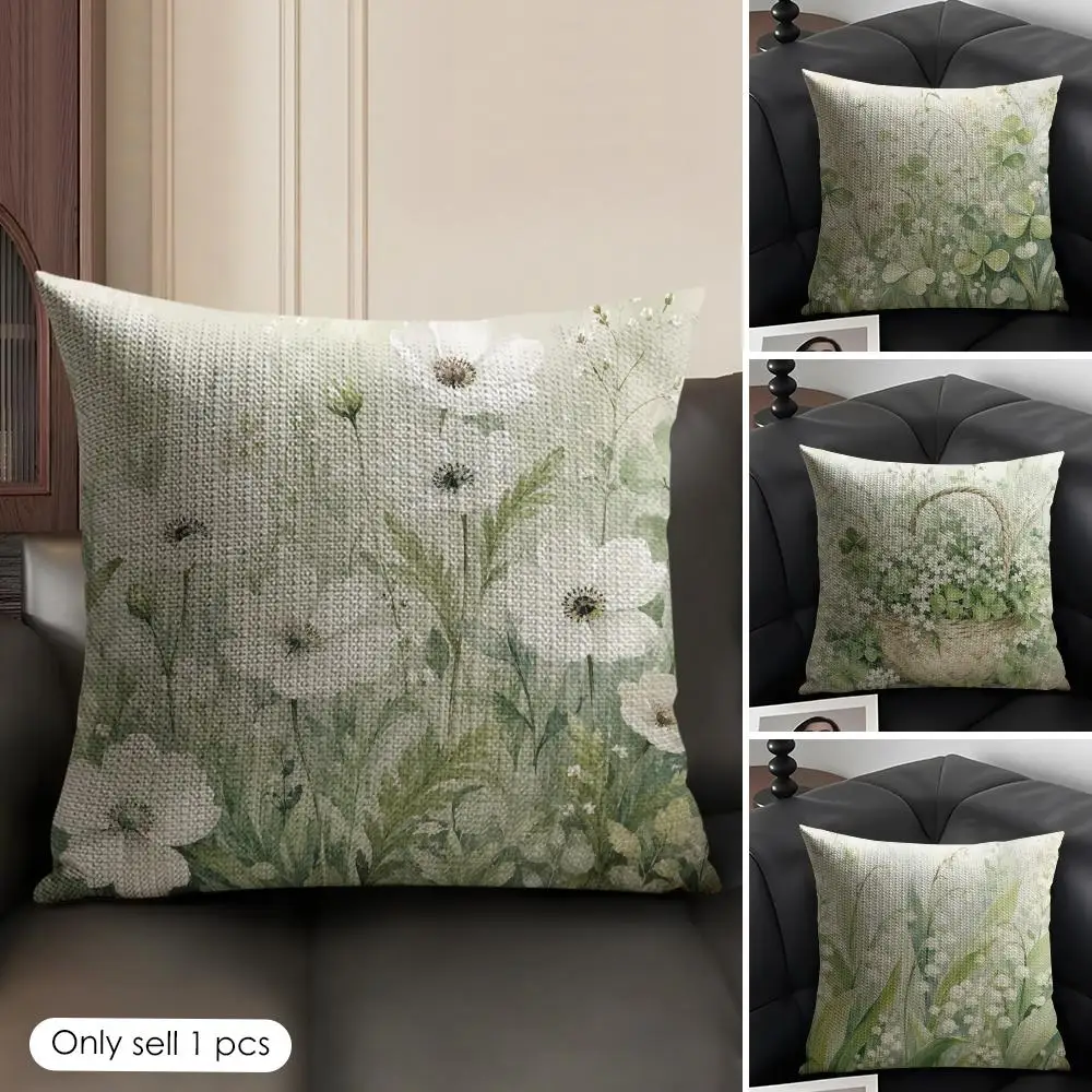 White Meadow Blossoms Cushion Cover Natural Linen Organic Fabric Double-Sided Printing Breathable Gift For Decor