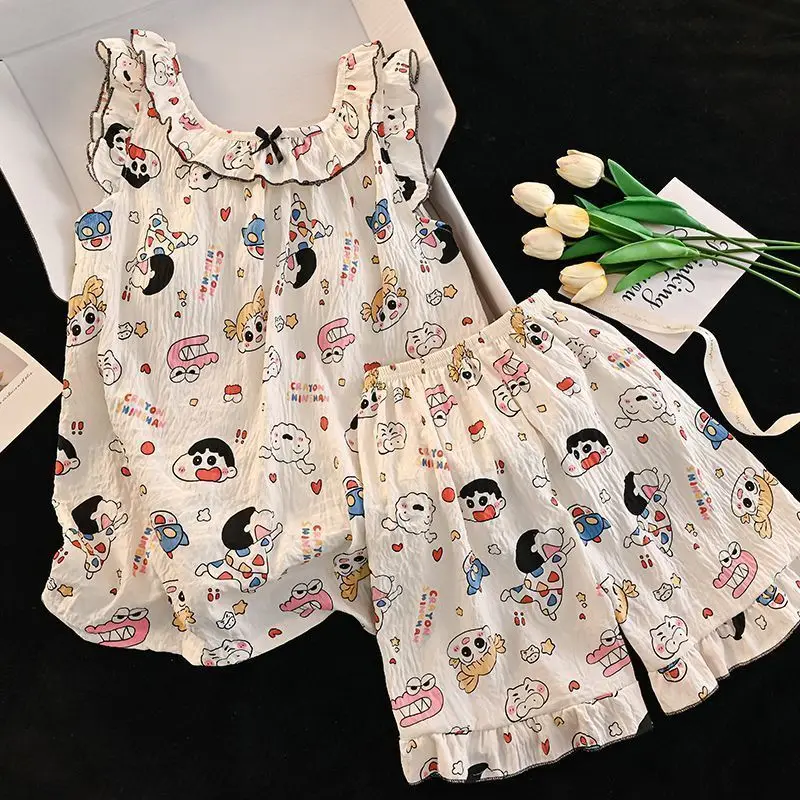 

Kawaii Women's Crayon Shin Chan All Over Print Cami Pajama Set, Cute Ruffle Trim 2 Piece Sleepwear, Soft Loungewear Cartoon New