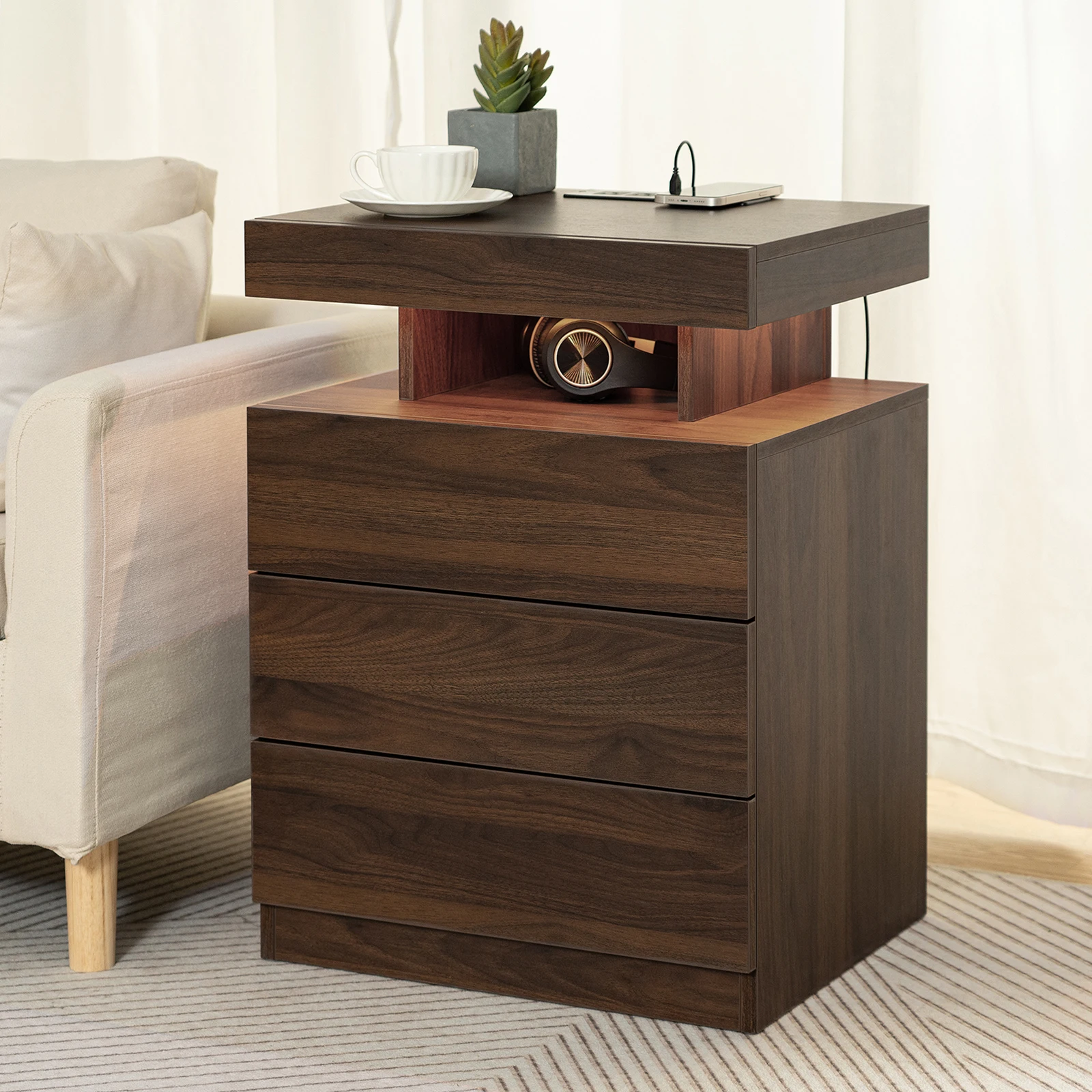 Nightstand with Wireless Charging & 3 Drawers Bedroom End Table Storage Cabinet