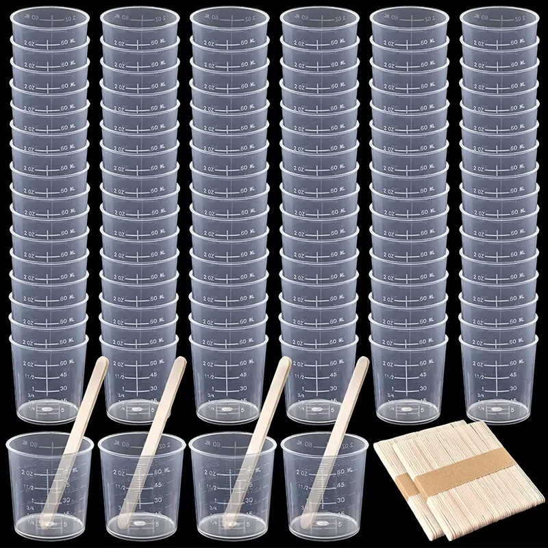 100 Pack Plastic Graduated Cups Transparent Scale Cups Clear Epoxy Mixing Cups With 100 PCS Stirring Sticks