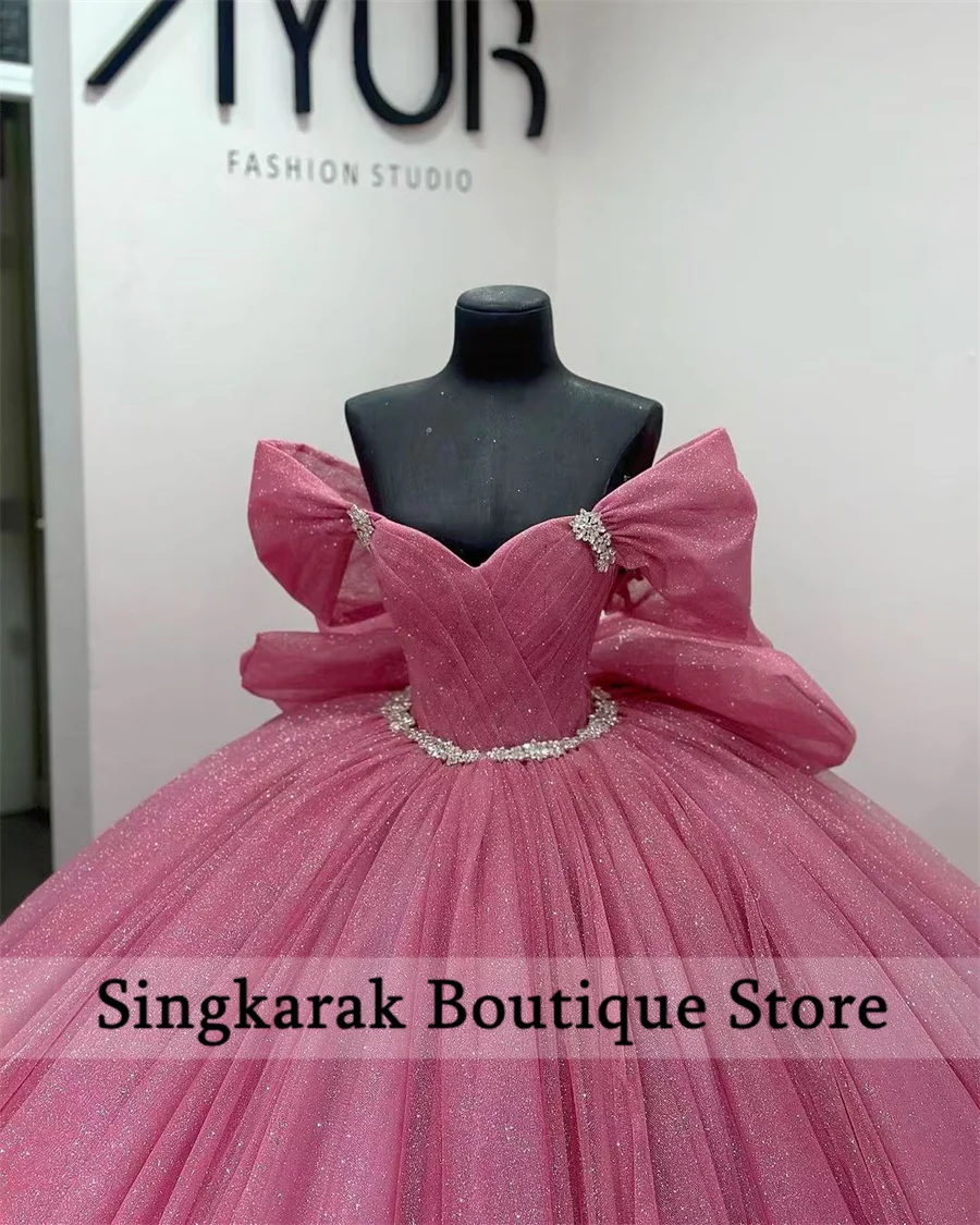 

Luxury Pink Quinceanera Dress Ball Gown With Bow Beads Crystals Beading Corset Pageant Sweet 15 Party Tiered Ruffle Customized