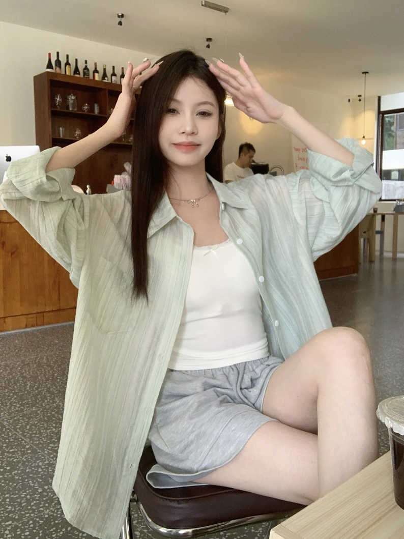 

Kumikumi Women's Casual Loose Fit Long Sleeve Striped Shirt Lightweight Summer Sun Protection Open Cardigan Style Fashionable