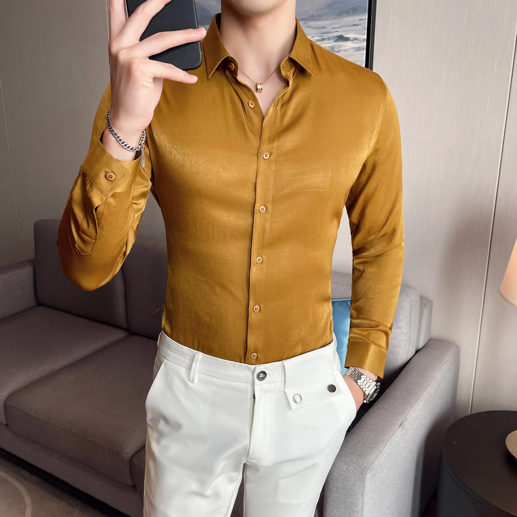 

Solid Green High Quality Shirt Men Button Up Long Sleeve Shirt Men 2023 Business Slim Fit Tuxedo Dress Shirt Chemise Homme