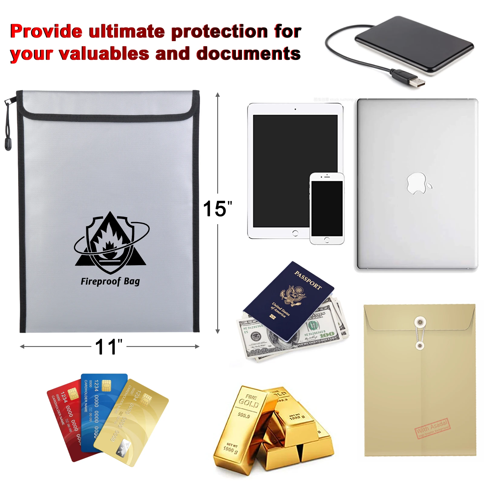 Fireproof Document Storage Bag, 15x11in Waterproof Fire Resistant Safe Envelopes Bag for Cash Jewelry Passport Valuables