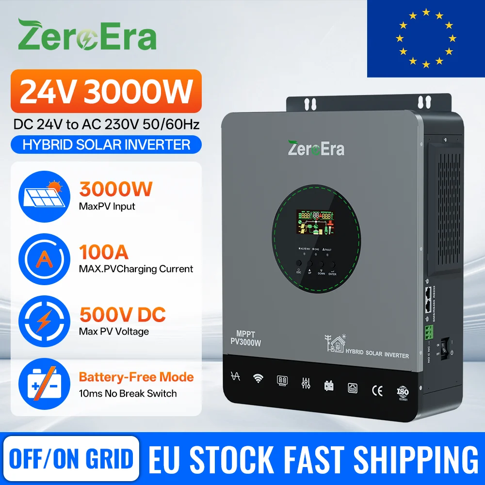 Inverter solare ibrido ZeroEra 3000W 24V DC a AC 220V 230V 50Hz con onda sinusoidale pura, controller MPPT integrato da 100A, funzionamento senza batteria, operativo sia in modalità off-grid che