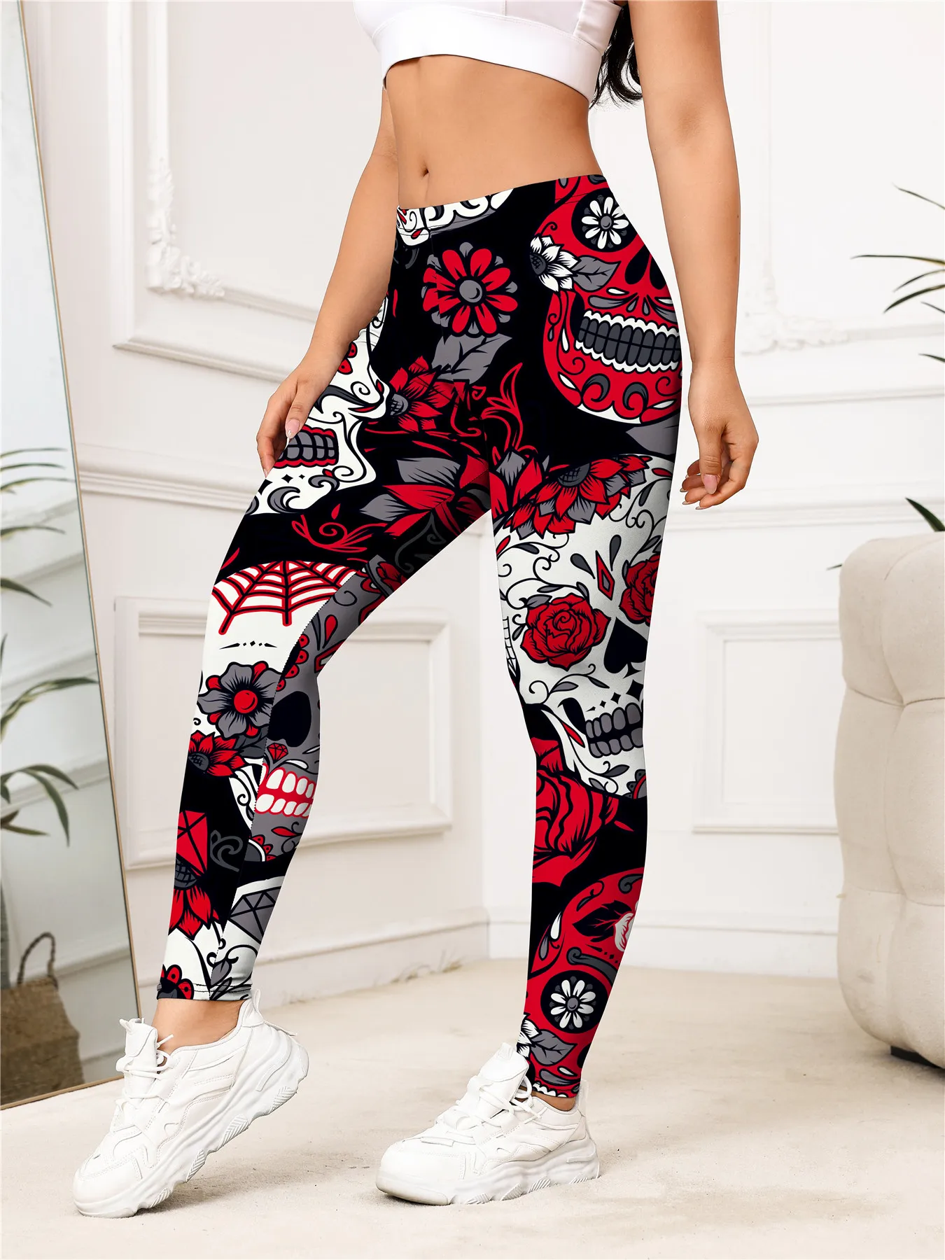 Ladies' high-waisted skeleton rose print elastic breathable fitness outdoor sports base pants - view 4