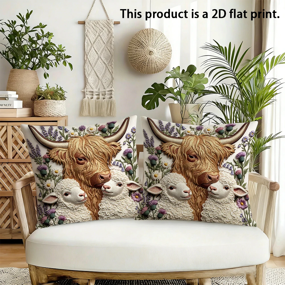 2pcs Highland Cow and Lambs Floral Throw Pillow Cover 2D Flat Print Farmhouse Soft Cushion Case for Home Sofa Decor