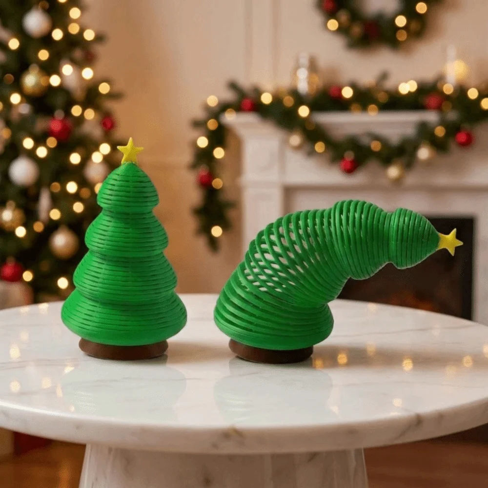 Plastic Spring Christmas Tree Figurine Bendable Simulation 3D Printed Christmas Tree Decorative with Star Topper