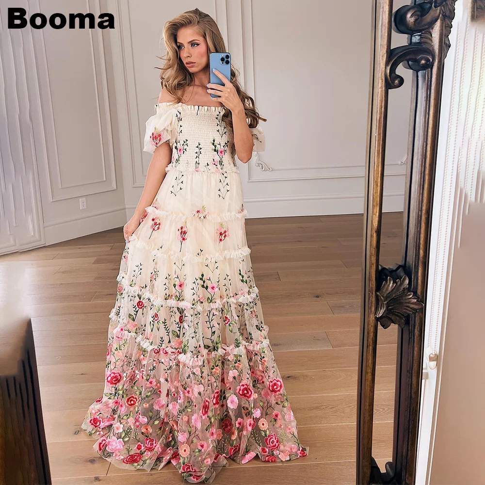 Booma Embroidery Lace A Line Prom Dresses Boat Neck Ruched Tulle Party Prom Gowns Floor Length Floral Evening Dresses for Women