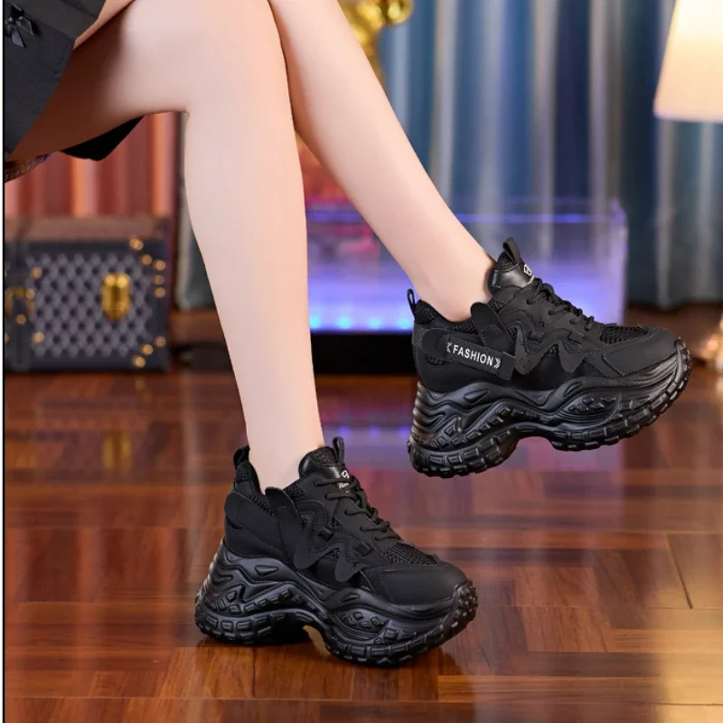 Fujin 8cm Air Mesh Sneakers grosse in vera pelle con tacco nascosto Platform Wedge Hollow Vulcanized Summer scarpe Casual traspiranti