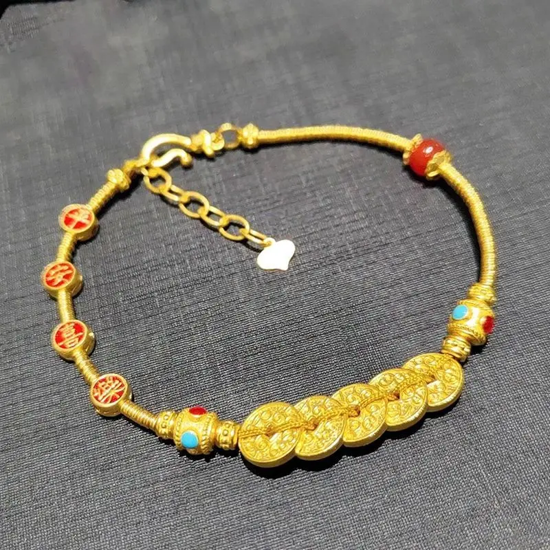 

Новый китайский стиль, антикварный золотой мир, радость, пять императорских монет, спиральный плетеный браслет для женщин, богатство, удача, ювелирное изделие, подарок
