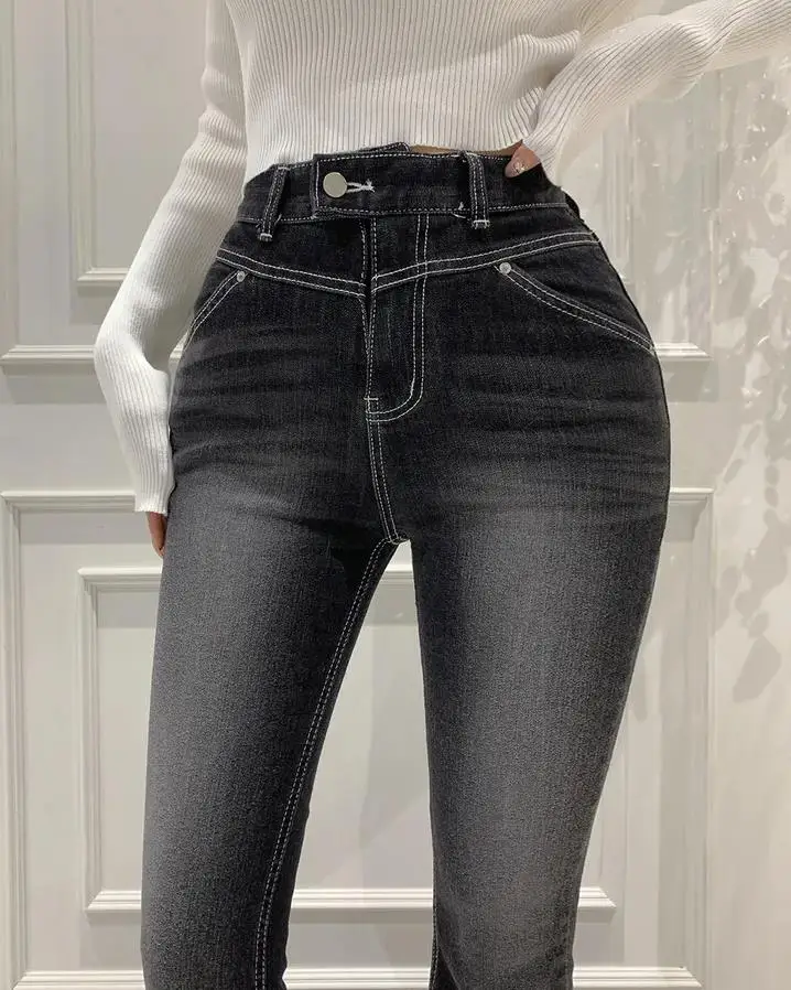 SHIJIA Black Gray Stretch Flare Jeans Women Streetwear Korean Fashion Elegant Denim Pants Lady Patchwork High Waisted Jean