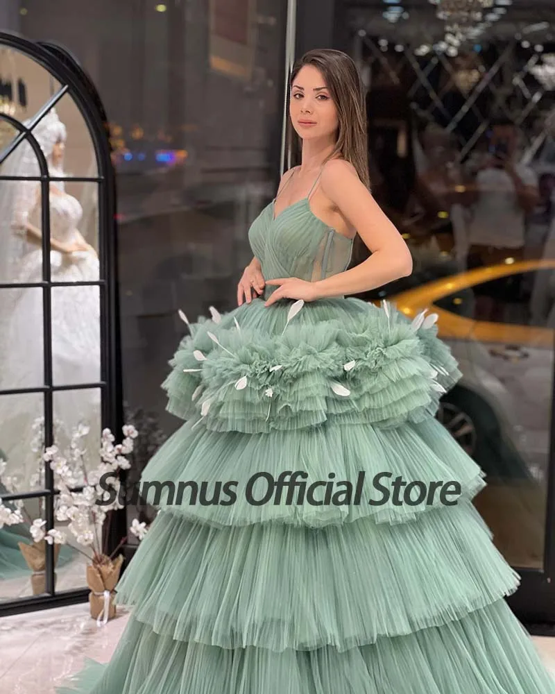 Sumnus vestido de baile verde em camadas tule cintas de espaguete com decote em v vestido de baile elegante vestidos de festa de fadas menina pageant vestido de noite