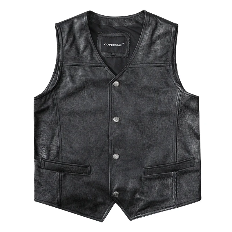 

Black Casual Men Cow Leather Vest V-Neck Slim Genuine Vests Mens Cowhide Waistcoat