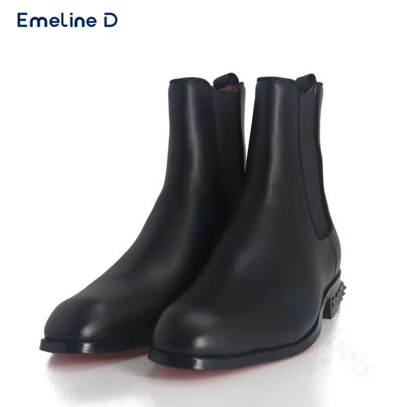 Rivet Thick Heel Pull-On Boots Black Business Solid Color High Quality Boots Fashion Casual Trend Large Size Men's Shoes