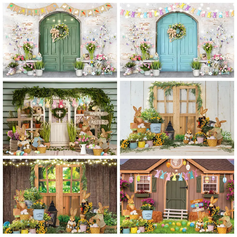 

Spring Easter Backdrop For Photography Bunny Eggs Flower Wood Board Door Green Grass Kid Portrait Decor Background Photo Studio