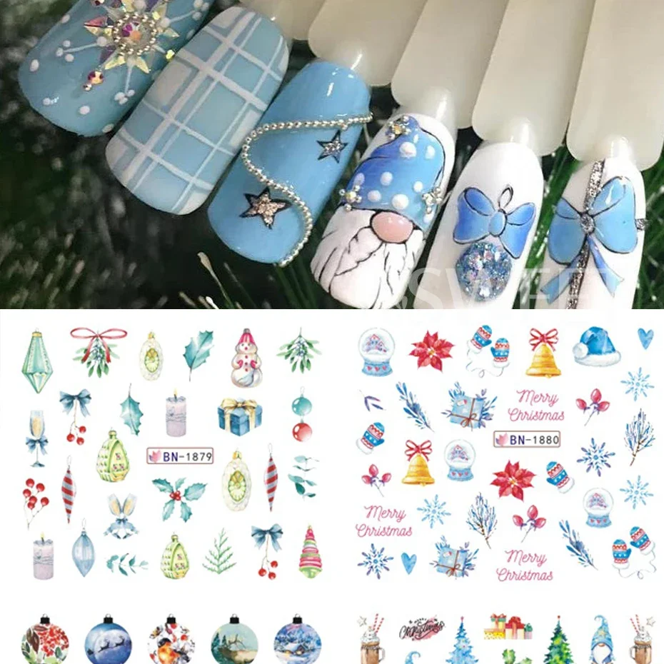 12pcs Winter Tree Stickers For Nail Festive Christmas Gift Design Drinking Cute Cartoon Bear Animal Decor Manicure Water Slider