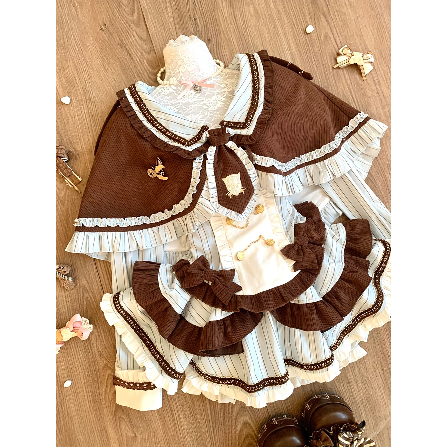 Cute Sweet Girly Chocolate Color Shawl Cape Striped Long Sleeve Shirt Puff Skirt Academy Style Three-Piece Sets Womens Outfits