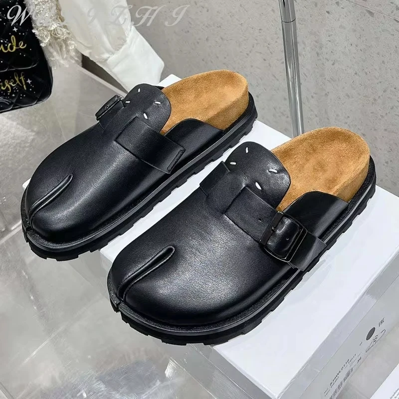 

2025 Spring Concise Genuine Leather Split Toe Tabi Women Slippers Casual Belt Buckle Design Summer Daily Comfort Flat Shoes