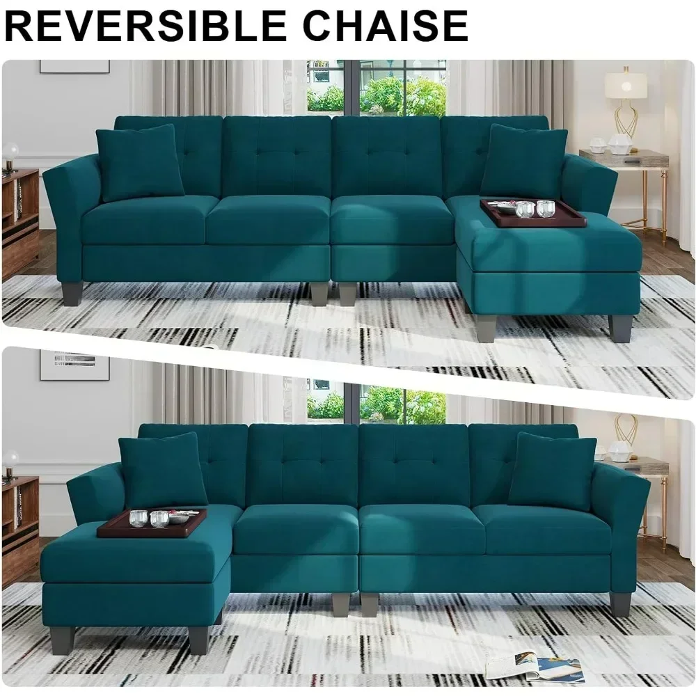 Living Room Convertible Sectional Couch, Modern Velvet Modular L-Shaped 4 Seat Sofa with Reversible Chaise, Peacock Blue