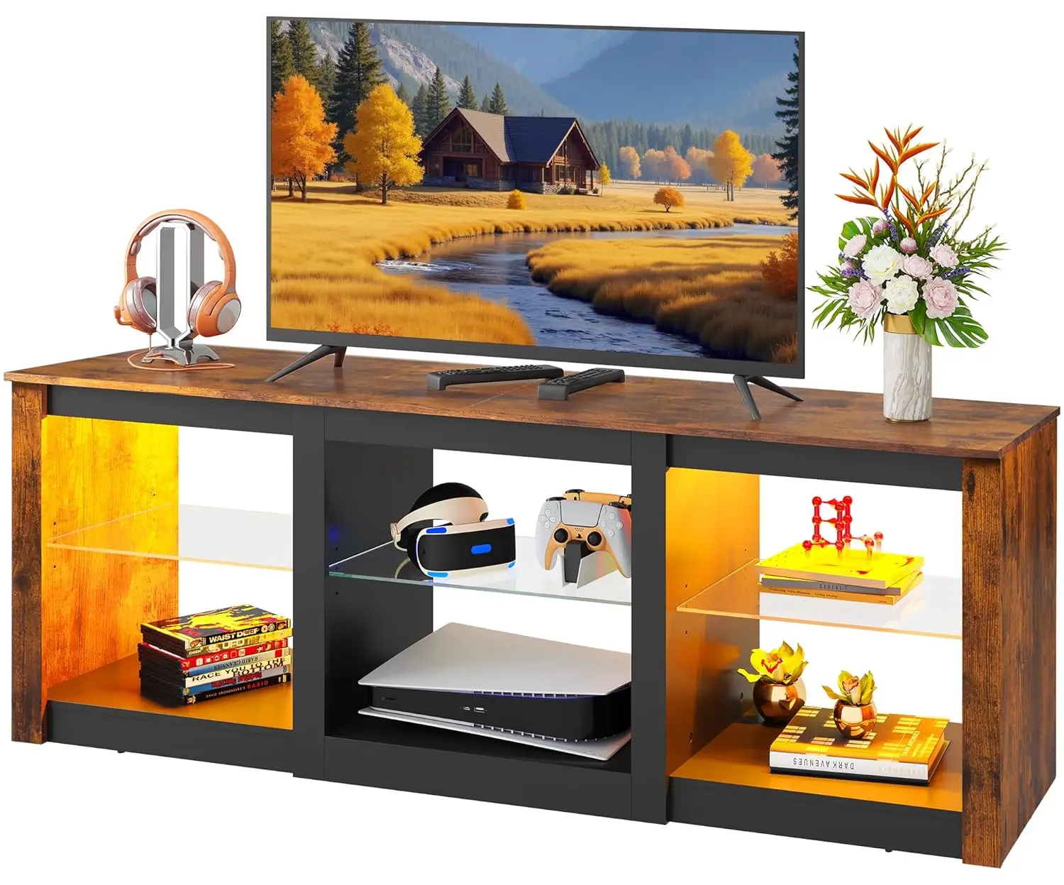 LED TV Stand RGB Shelves Wood Console 58" Rustic Living Gaming Room, Customized