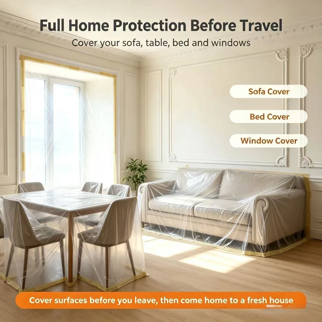 Pre-travel Furniture Dust Covering Masking Film with Tape, Self Adhesive Film for Sofa, Bed, Table, Keep Clean While your gap