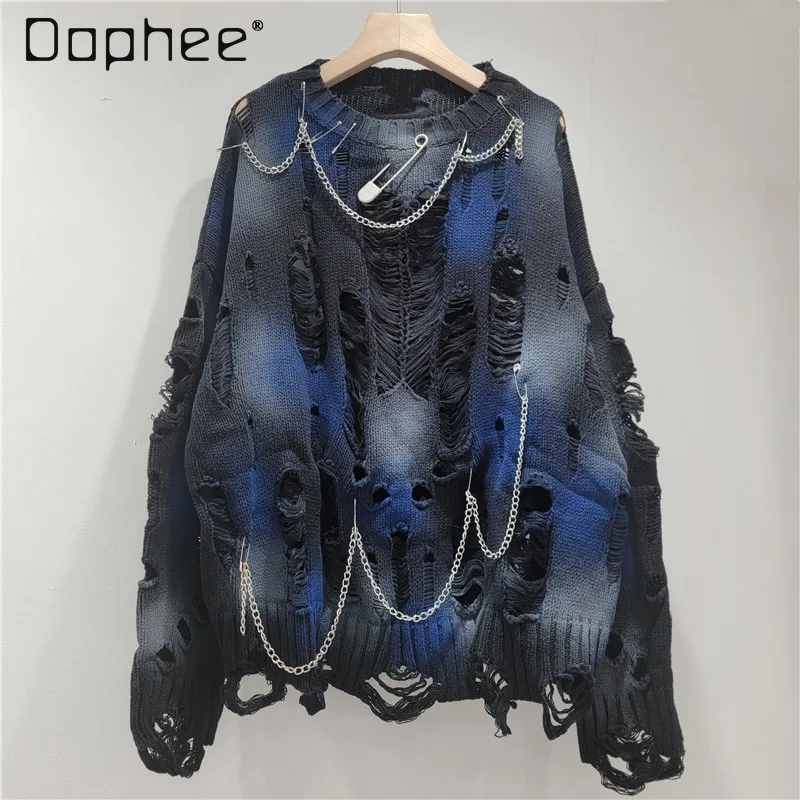 Harajuku Style Street Personality Ripped Hollow Sweater Women Korean Fashion Pin Round Neck Knitted Long Sleeve Pullover Autumn