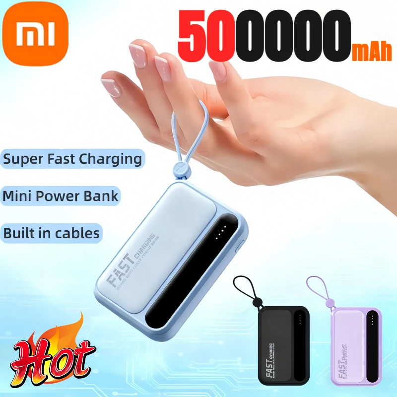 باور بانك Xiaomi 500000mAh 4 In1 بسعة كبيرة مدمج في الكابلات، شاشة ديجيتال ذكية، بطارية محمولة لهاتف iPhone #1