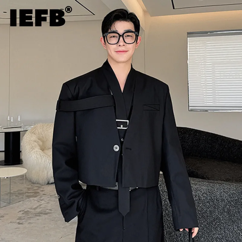 IEFB Stylish Men's Balzers Belt Patchwork Collarless Solid Color Single Button Autumn New Male Suit Loose Niche Design 9C7472