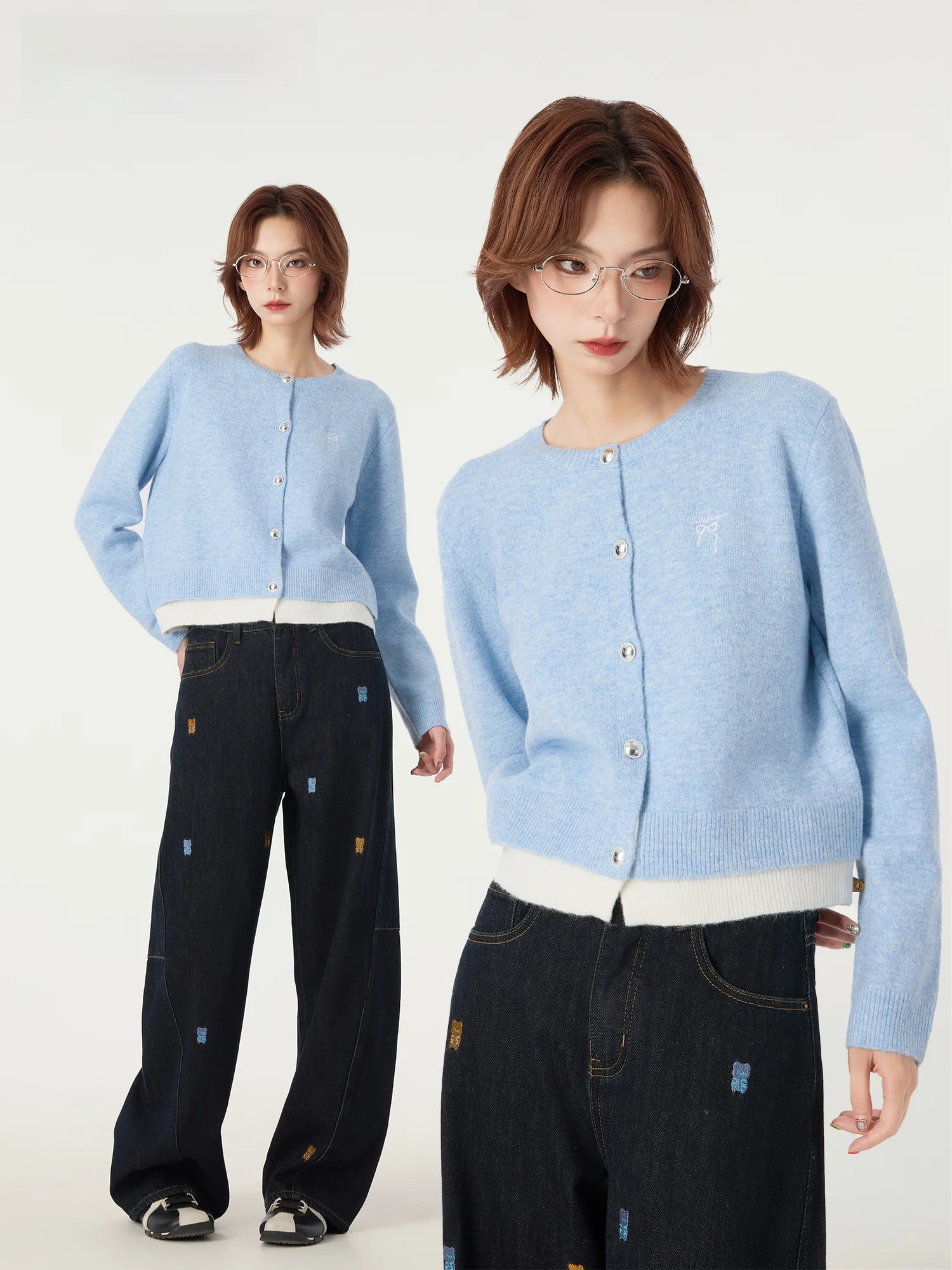 

Soft Blue Knitted Open Cardigan Casual Sle Splice Design Winter New Arrival Women's Faionable lectual Casual Top