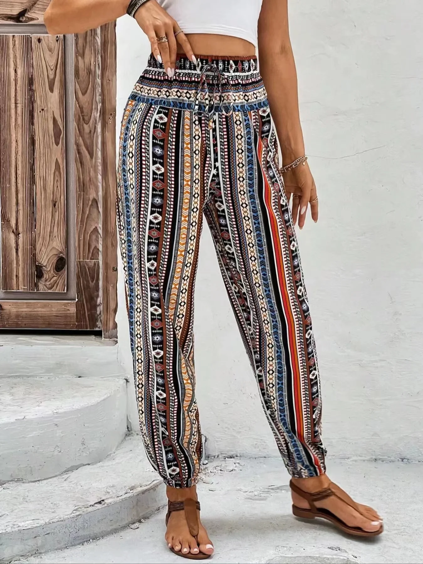 Women\'s Summer Ethnic Style Randomly Printed High Waist Lace Up Casual Fashion Versatile Slim Straight Leg Pants