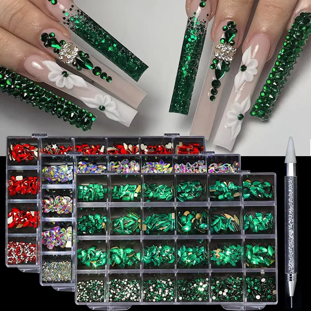 Hot Selling 20 Grids Nail Art Rhinestones Jewelry Set Multi-shapes Colorful Flatback Nail Charms Diamonds 3D Nails DIY Accessori