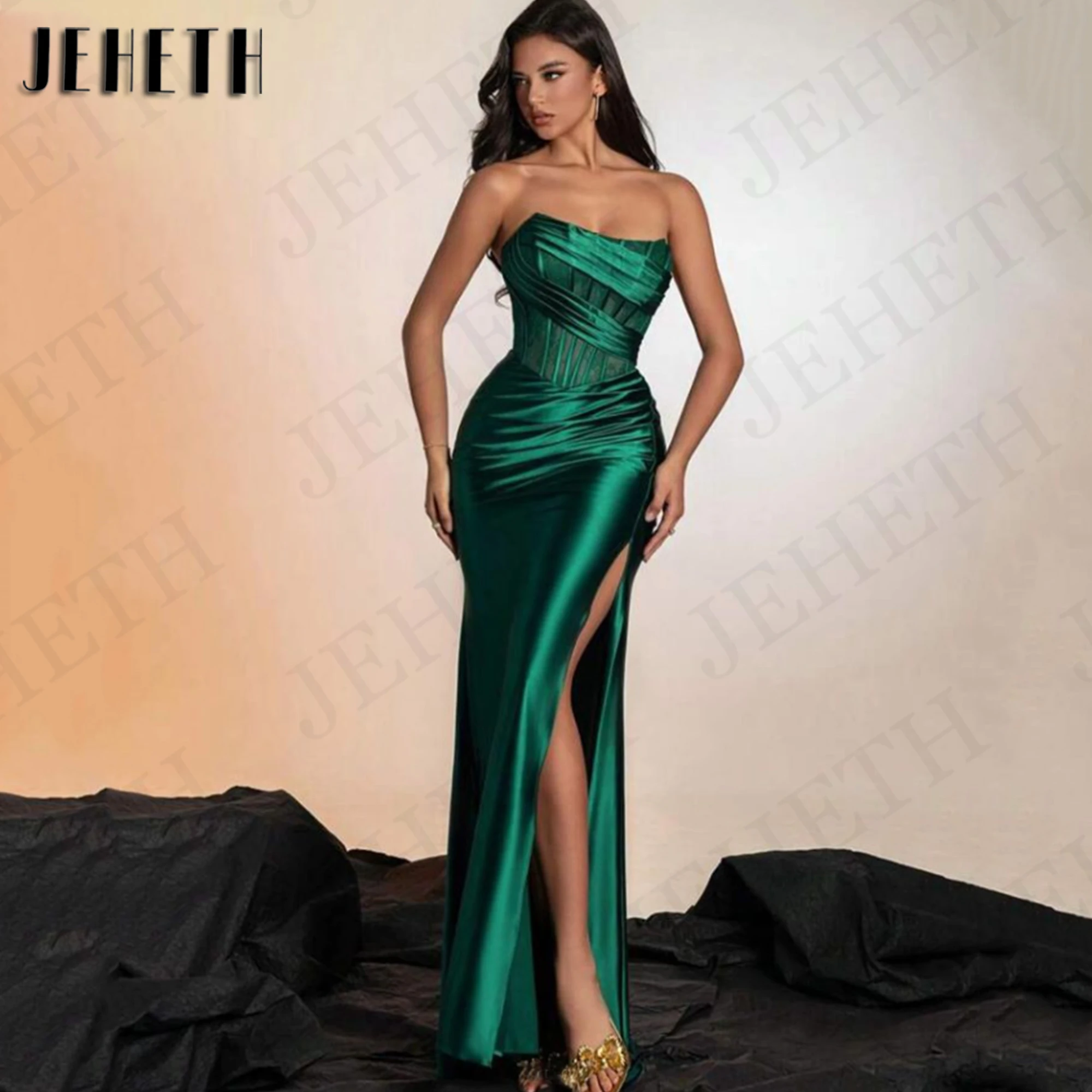 JEHETH Mermaid Sexy Satin Evening Dresses Woman Elegant Green Strapless Split Celebrity Dress Floor Length vestidos de fiesta