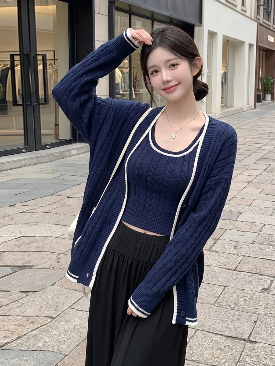 Korean Lazy Style Knitted Set Short Sleeve Long Sleeve U-Neck Color Block Sweater And Vest Two-Piece Suite Casual Fashion