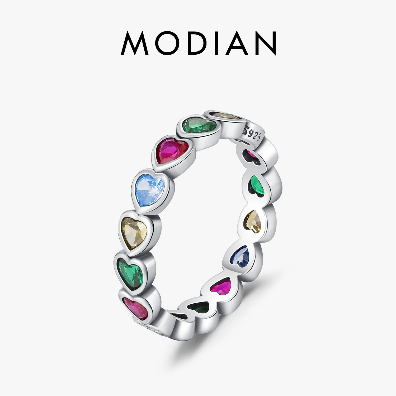 

MODIAN 925 Sterling Silver Vintage Elegant Colorful Zircon Heart Stackable Eternity Rings For Women Fine Jewelry