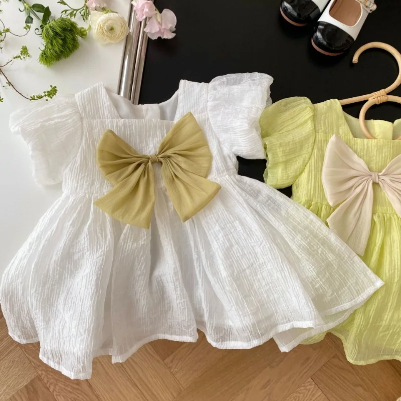 Girl\'s Bow Dress 0-6 Years Old Summer Color Contrast Simple Princess Dress  Ropa De Niña  Girls Clothes