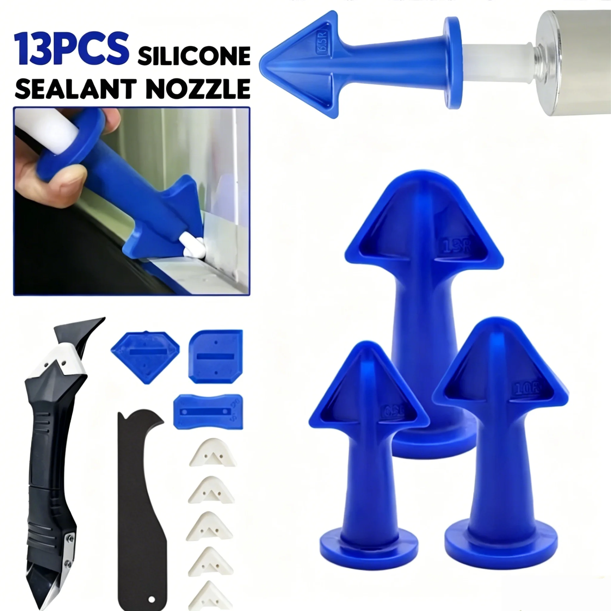 13PCS Reusable Caulking Tool Kit Silicone Sealant Nozzle 3Sizes Grout Scraper Caulk Remover Finish Tool for Bath Kitchen Sealing
