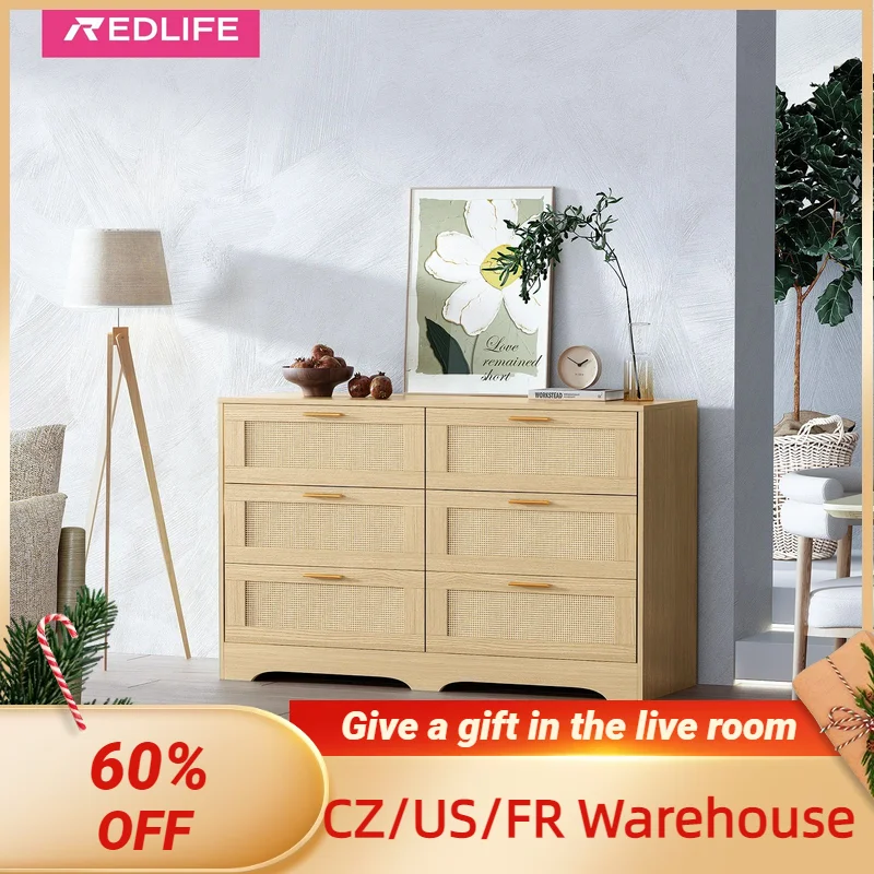 Redlife 6 Drawer Rattan Dresser Modern Double Dresser w/ Gold Handle Wood Storage Chest of Drawer for Closet Living Room Hallway