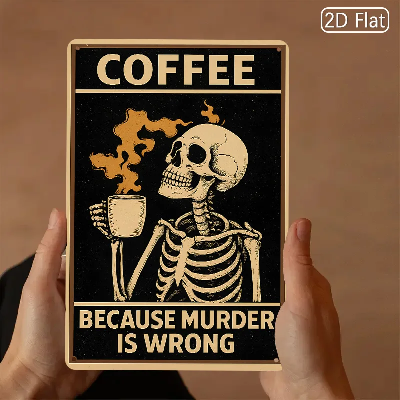 2D Flat, 1pc 1pcs 1pc Retro Bone Wall Sign Compatible for - Vintage Metal Coffee & Bones Decor with Murder Warning Text - Spooky