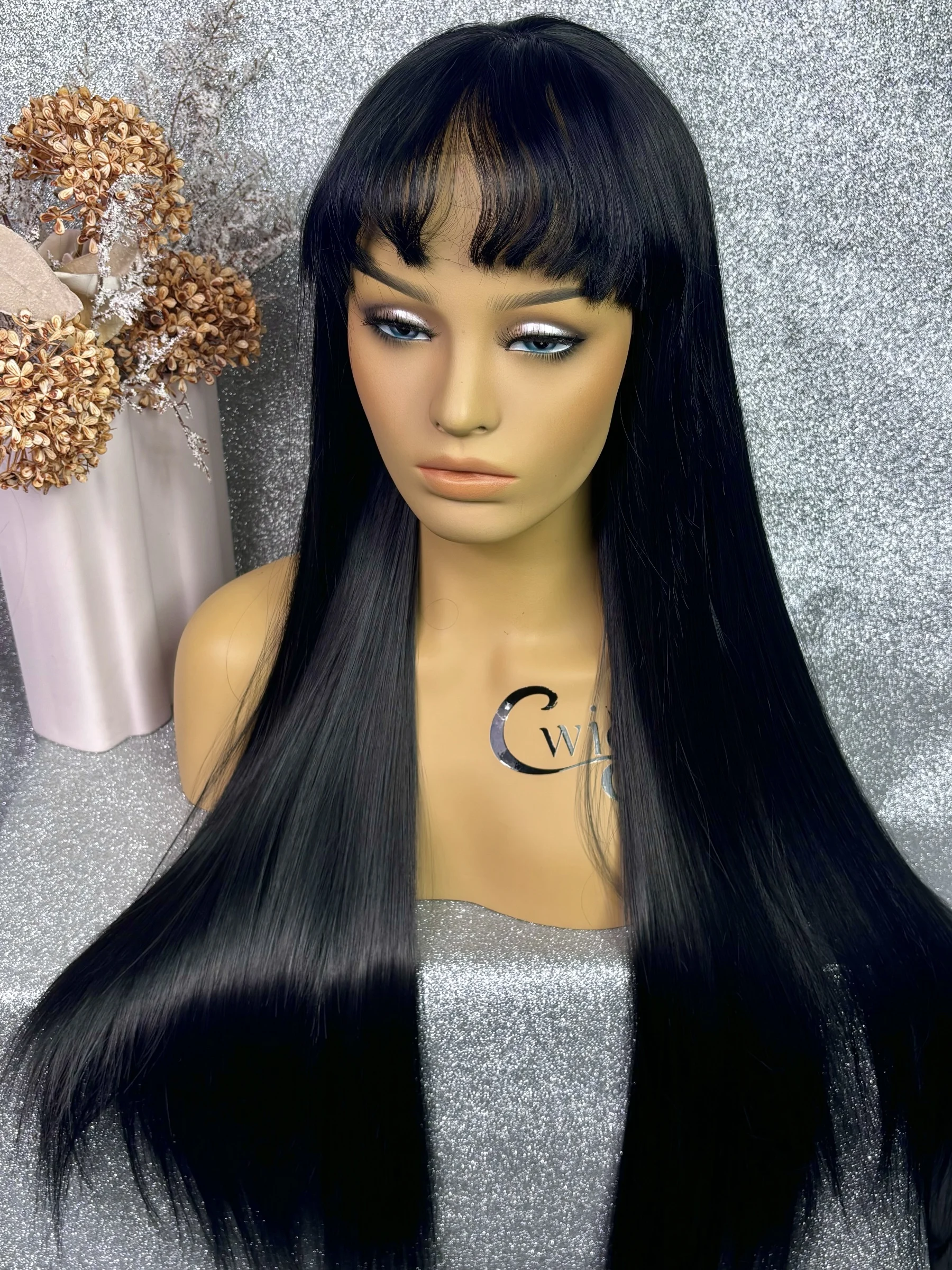 

Synthetic Lace Front Wigs With Bangs Long Straight Wig 28 inches Highlights Heat Resistant Smooth For Women Synthetic Wig